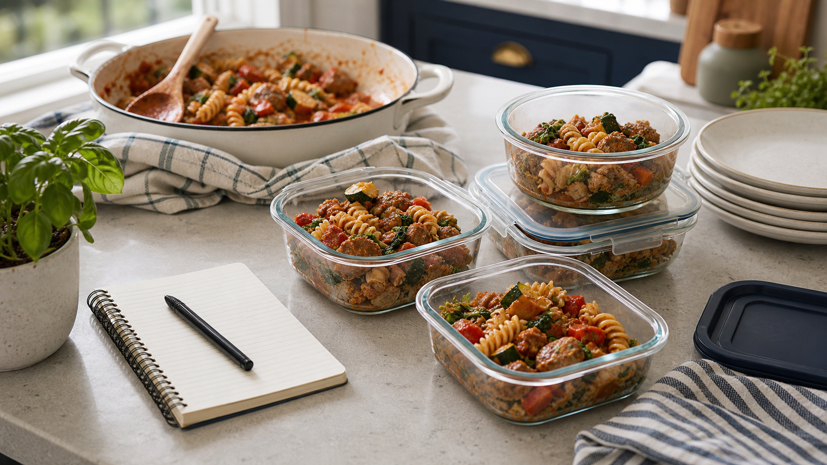 Family dinner leftovers packed into clear containers on a bright kitchen counter.